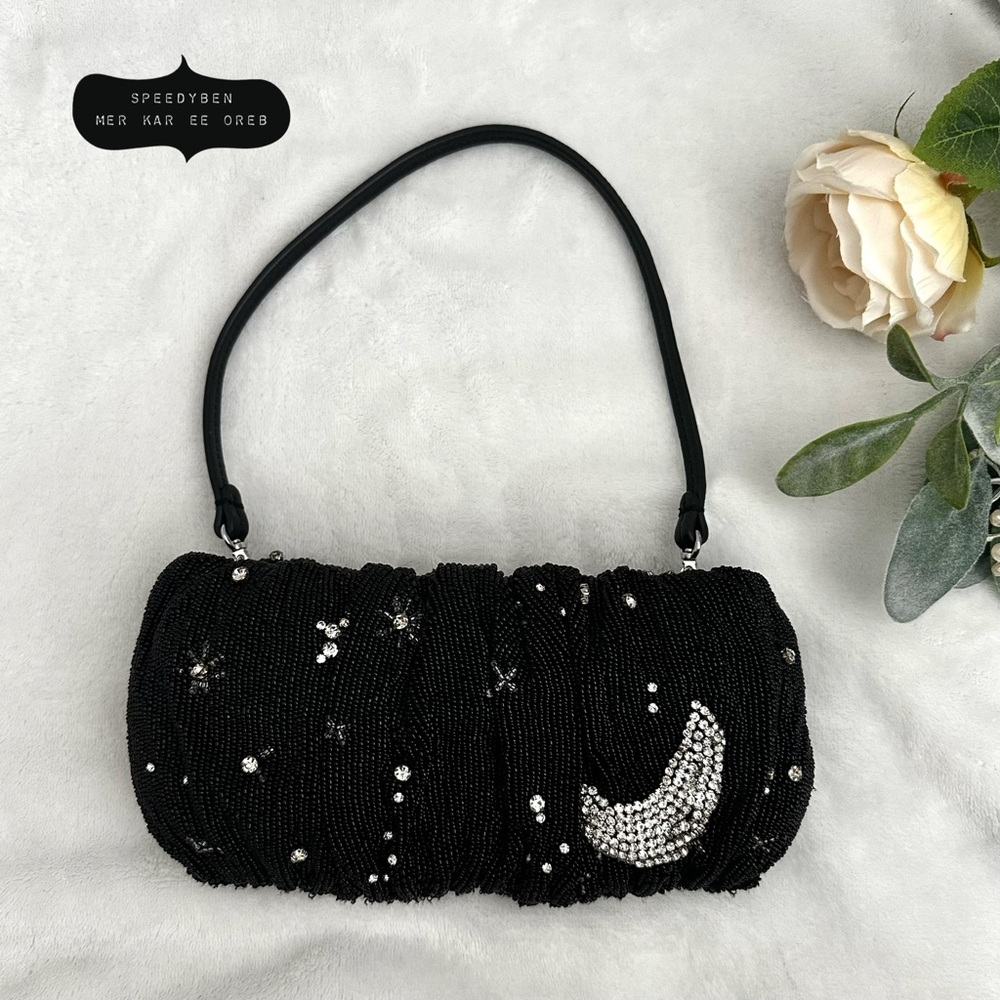 STAUD Beaded Bean Clutch Bag Rhinestone Constellation Moon & Stars
